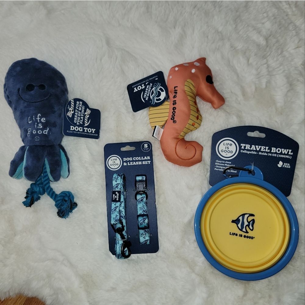 Life is Good Puppy Dog Toys Collapsible Feeding Water Bowl Leash & Collar SM New